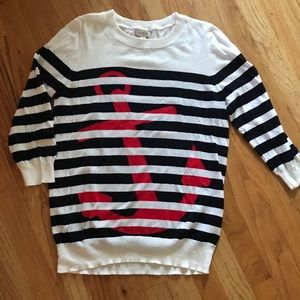 J. Crew White Navy Stripe Sweater with Red Anchor